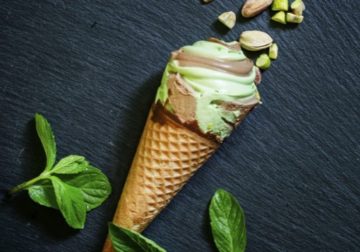 Mint Pistachio Gelato with Chocolate in Homemade Waffle Cone