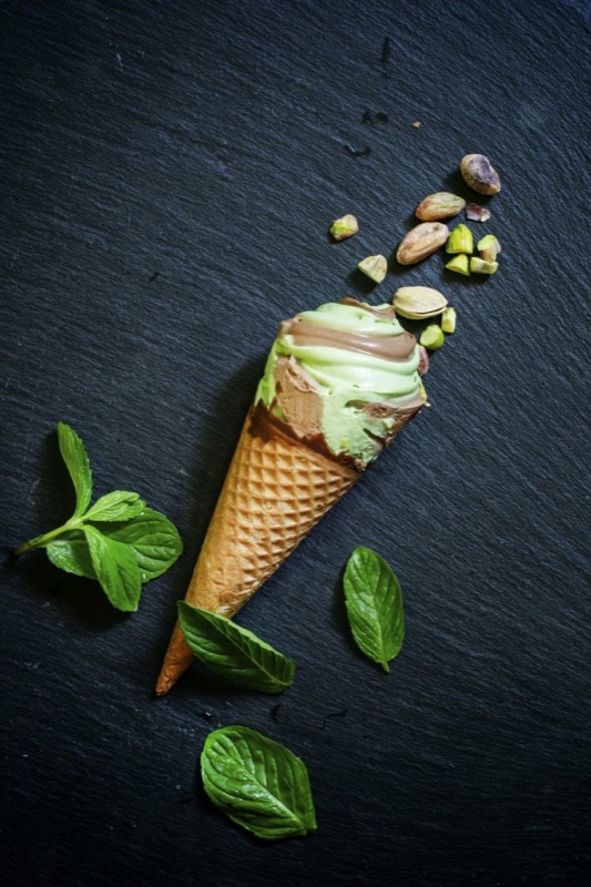 Mint Pistachio Gelato with Chocolate in Homemade Waffle Cone